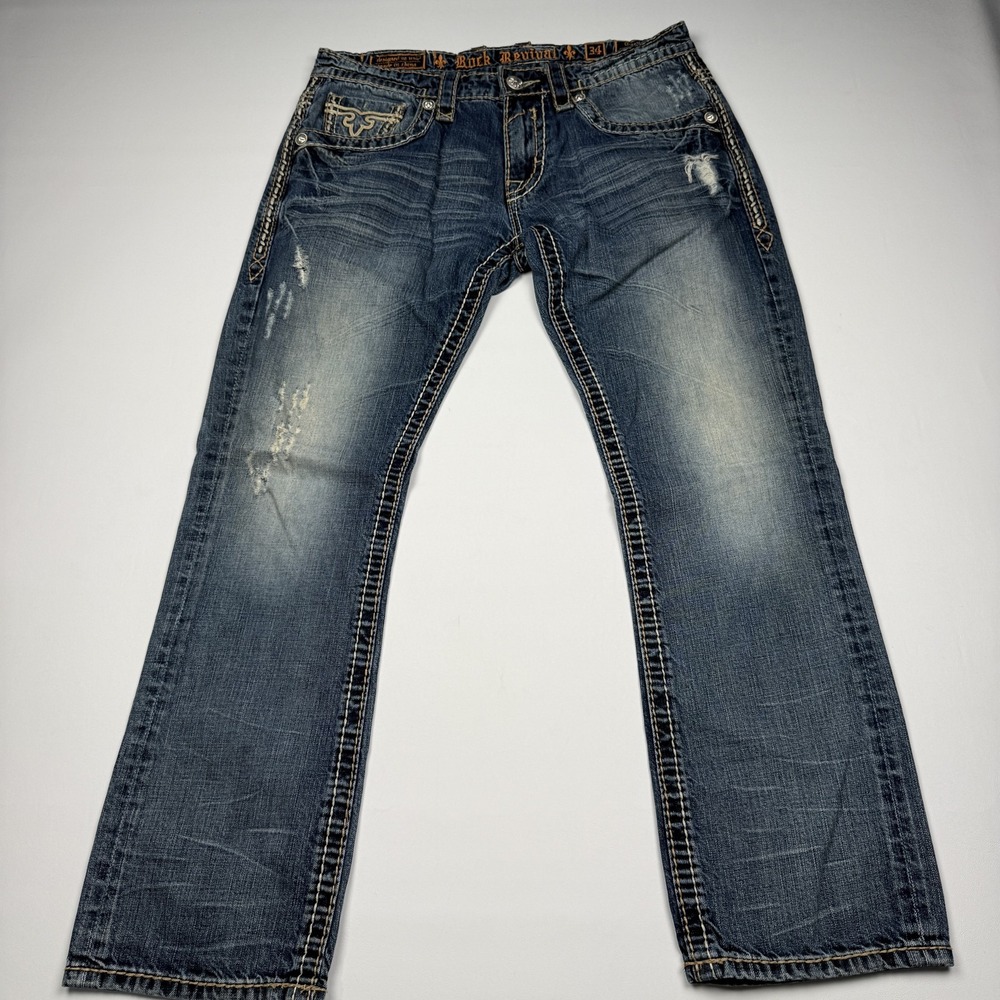 Rock Revival Gary Jeans Mens 34x31 Blue Slim Straight Distressed Denim Pockets